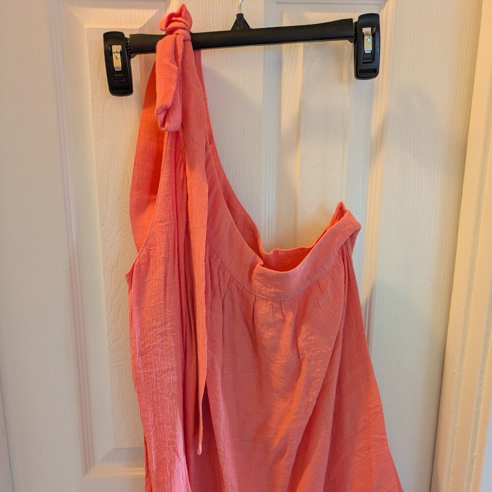 Kori America Peach Coral Gauze Linen One Shoulder Blouse EUC